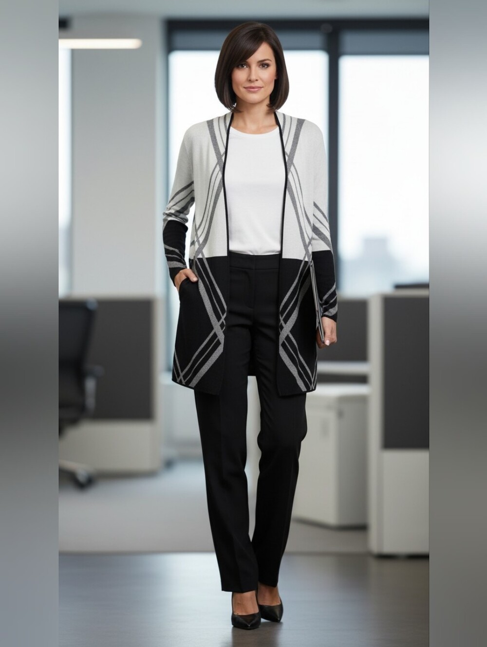 Jones Studio Black & Gray Open-Front Geometric Cardigan